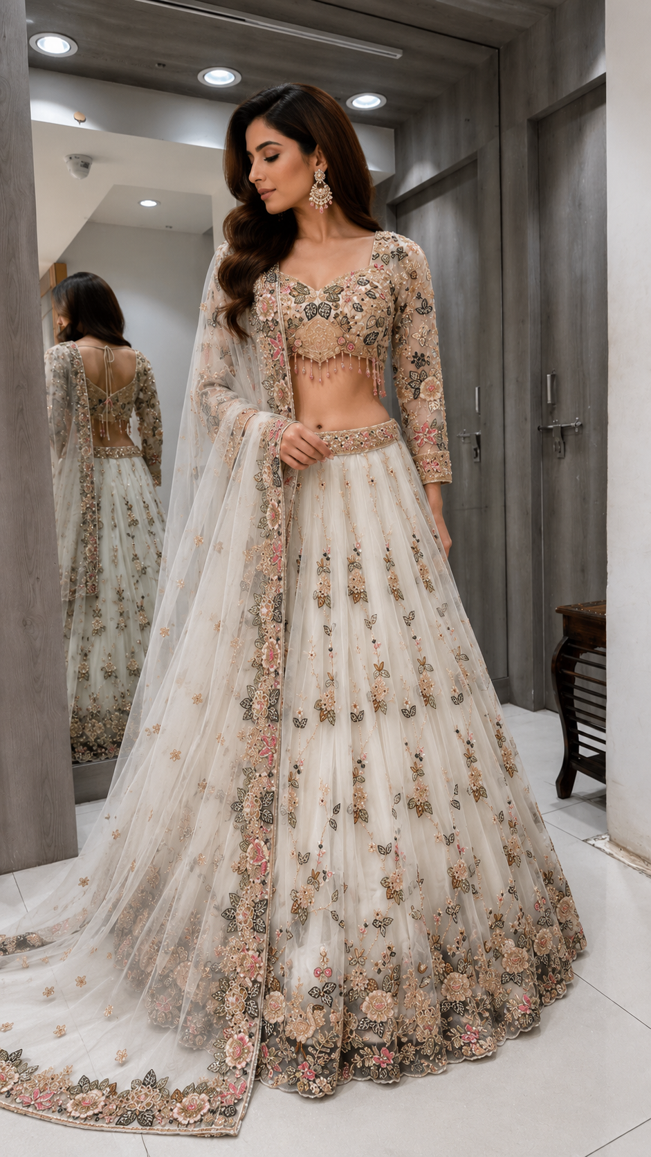 White & Gold Floral Crop Top Lehenga