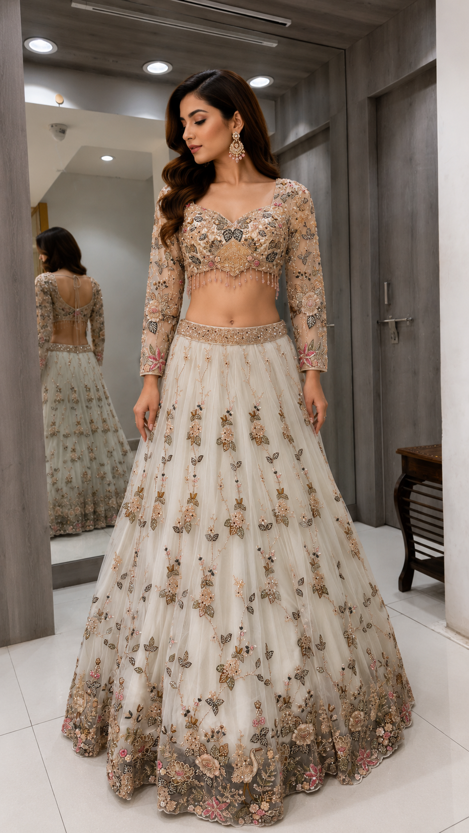 White & Gold Floral Crop Top Lehenga