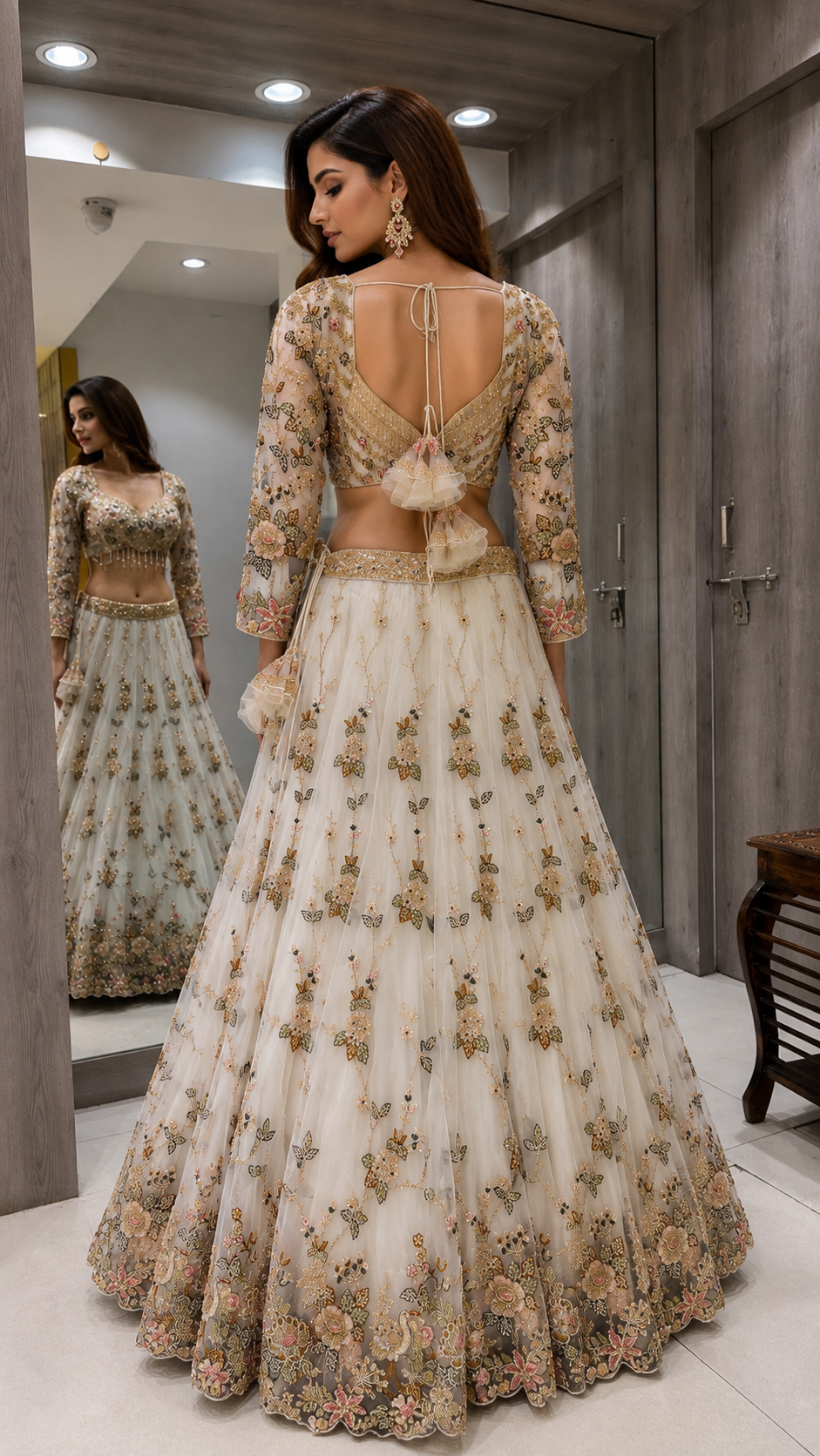 White & Gold Floral Crop Top Lehenga