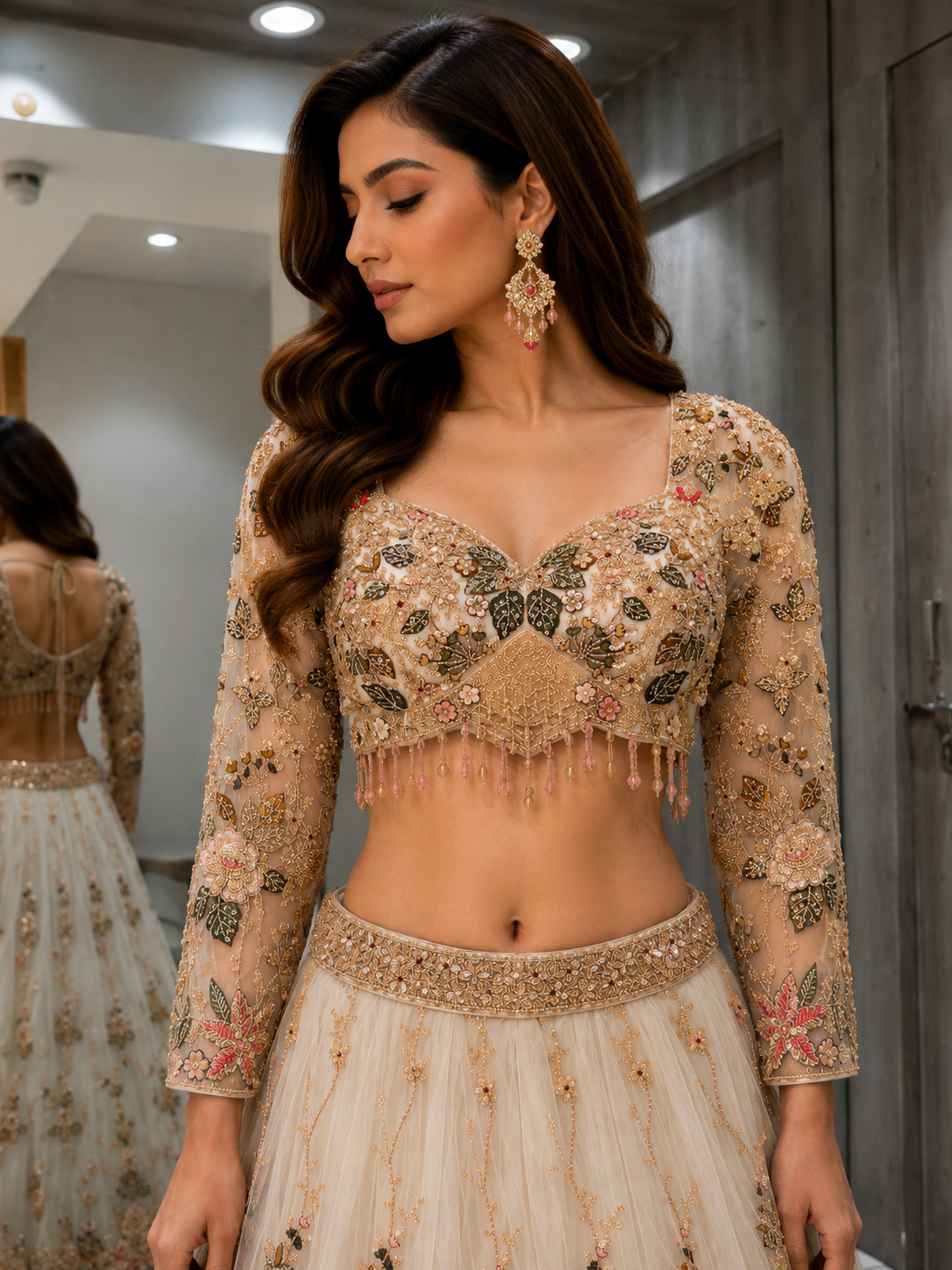 White & Gold Floral Crop Top Lehenga