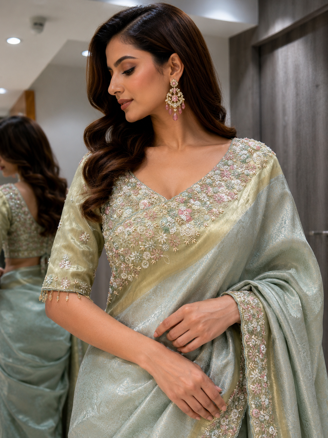 Cyan Blue Tissue Silk Saree