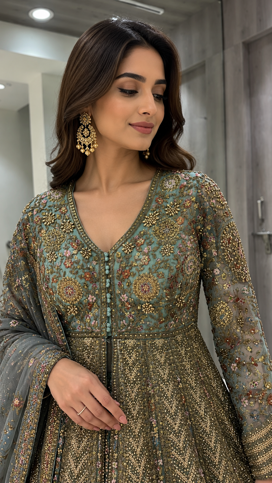 Olive Green Long Koti Sharara