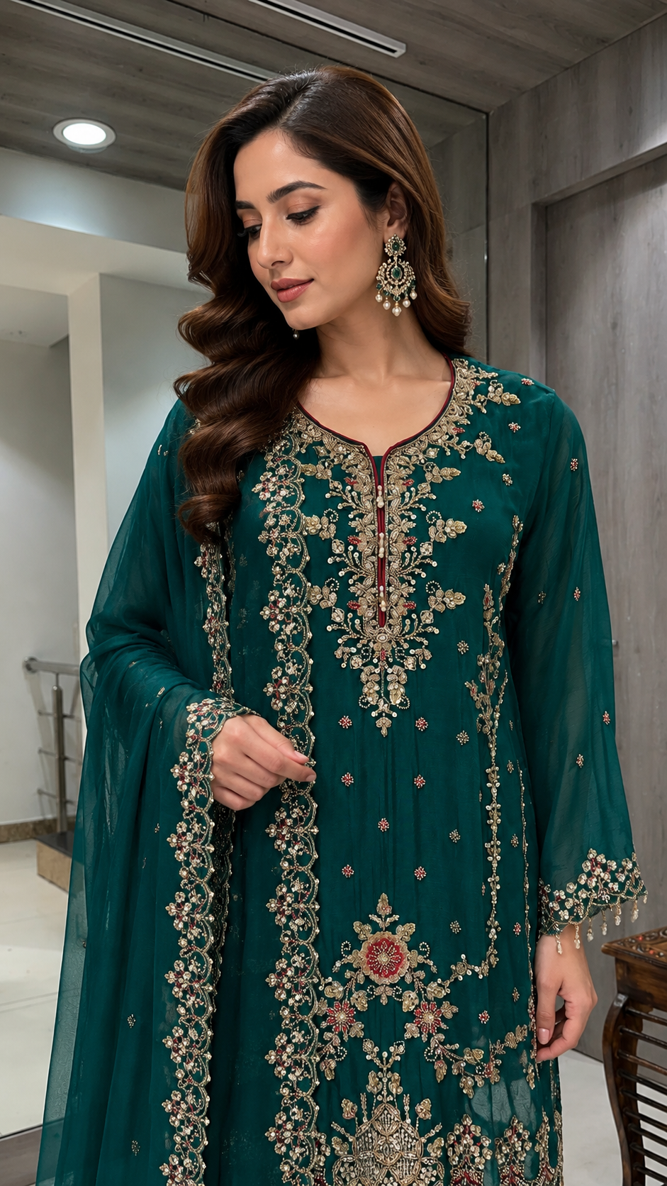 A woman wearing a deep teal green embroidered kurta with gold and red floral detailing, paired with a matching sheer dupatta, in an indoor setting.