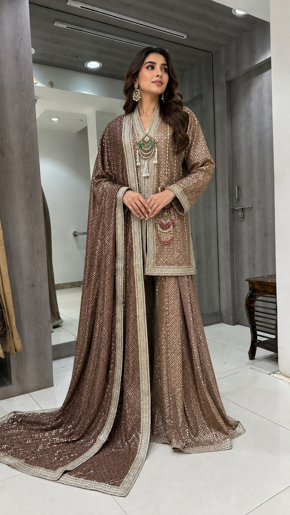 A woman models a traditional brown embroidered outfit with a long draped dupatta and matching pants in an indoor boutique setting.
