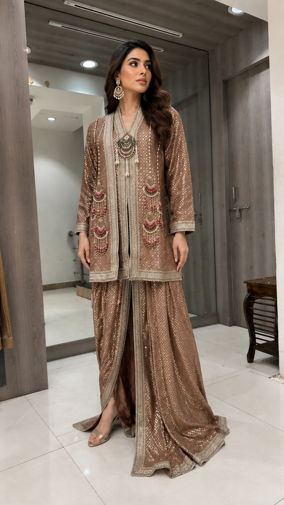 Beige & Brown Indowestern