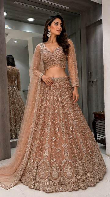 A woman models an ornate beige and gold embroidered traditional Indian lehenga choli set in a fitting room. The outfit features intricate beadwork, embroidery, and a matching sheer dupatta.