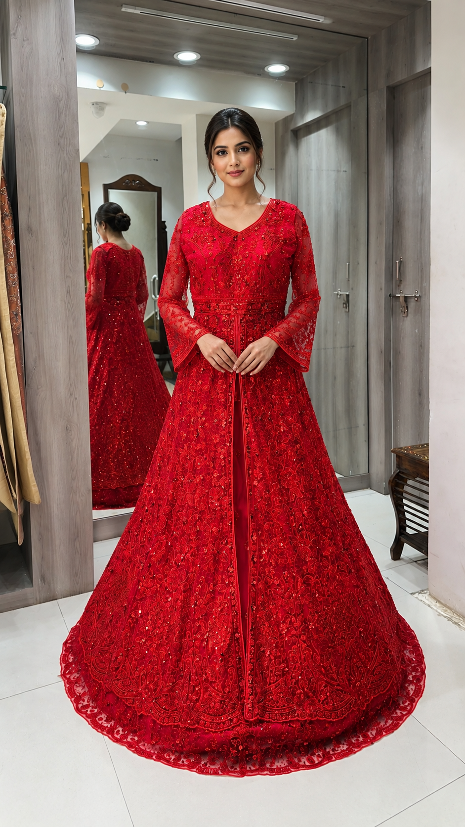 Crimson Red Long Koti Sharara