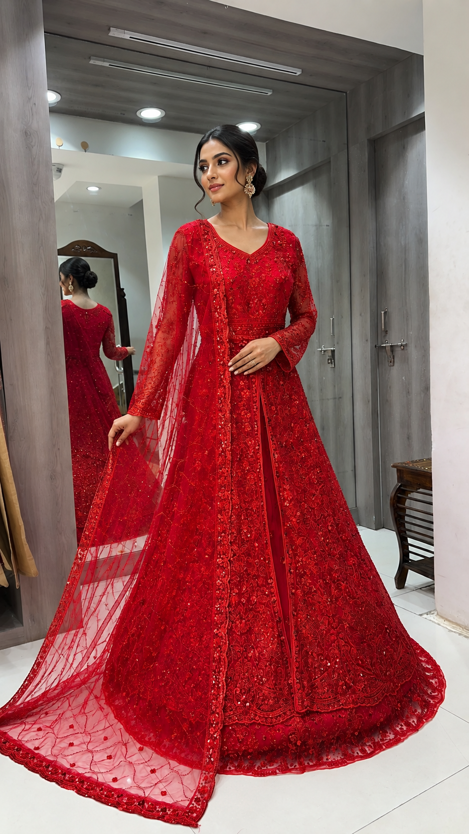 Crimson Red Long Koti Sharara