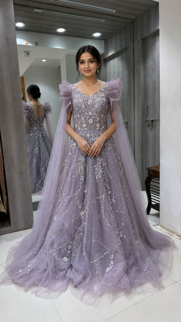 A woman wearing a lavender purple ball gown with silver sequin embroidery and puff sleeves, standing in a fitting room with a mirror reflecting her back.