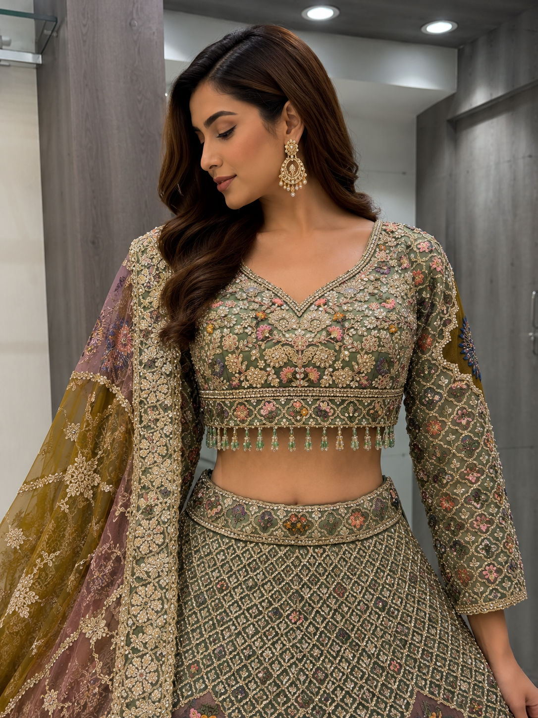 Sage Green Crop Top Lehenga