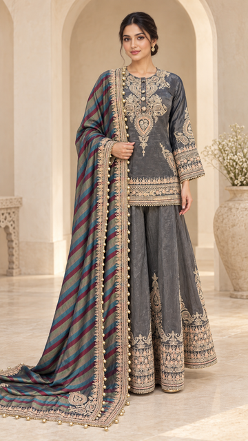 Slate Grey Indo western Plazzo