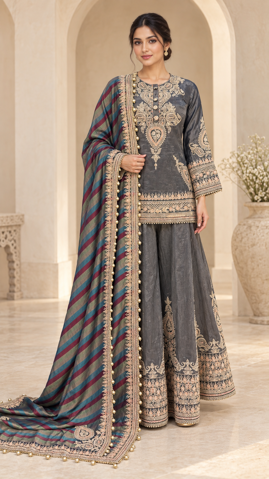 Slate Grey Indo western Plazzo