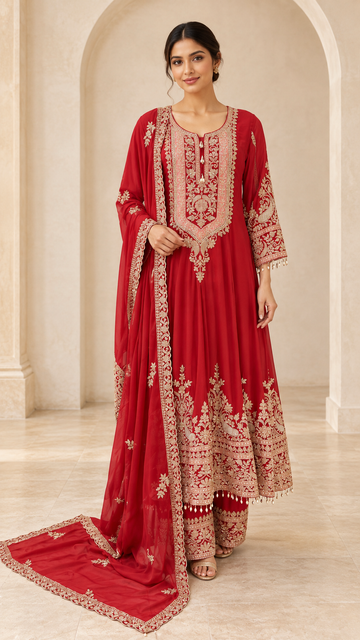 Elegant Red Embroidered Anarkali Frock