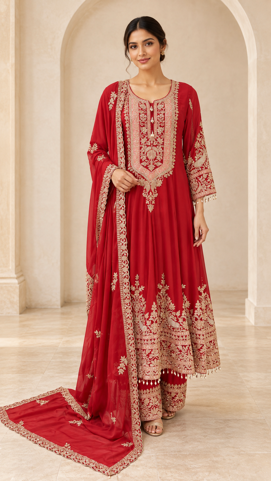 Elegant Red Embroidered Anarkali Frock