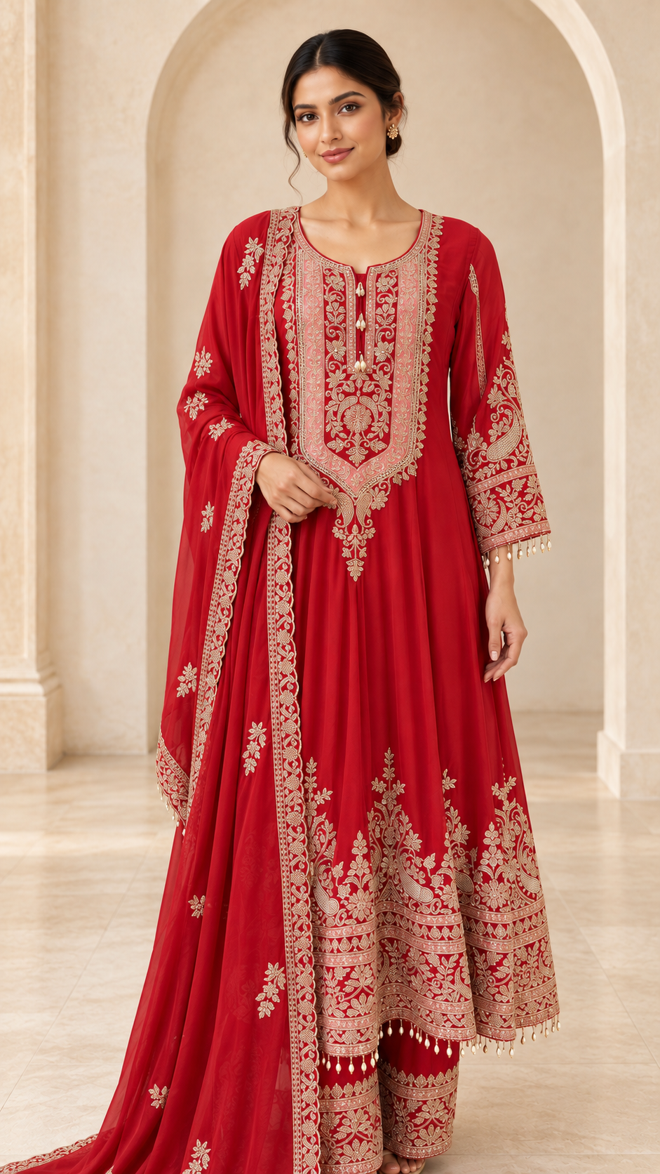 Elegant Red Embroidered Anarkali Frock