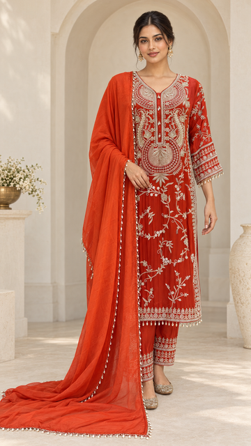 Orange-red Embroidered Suit