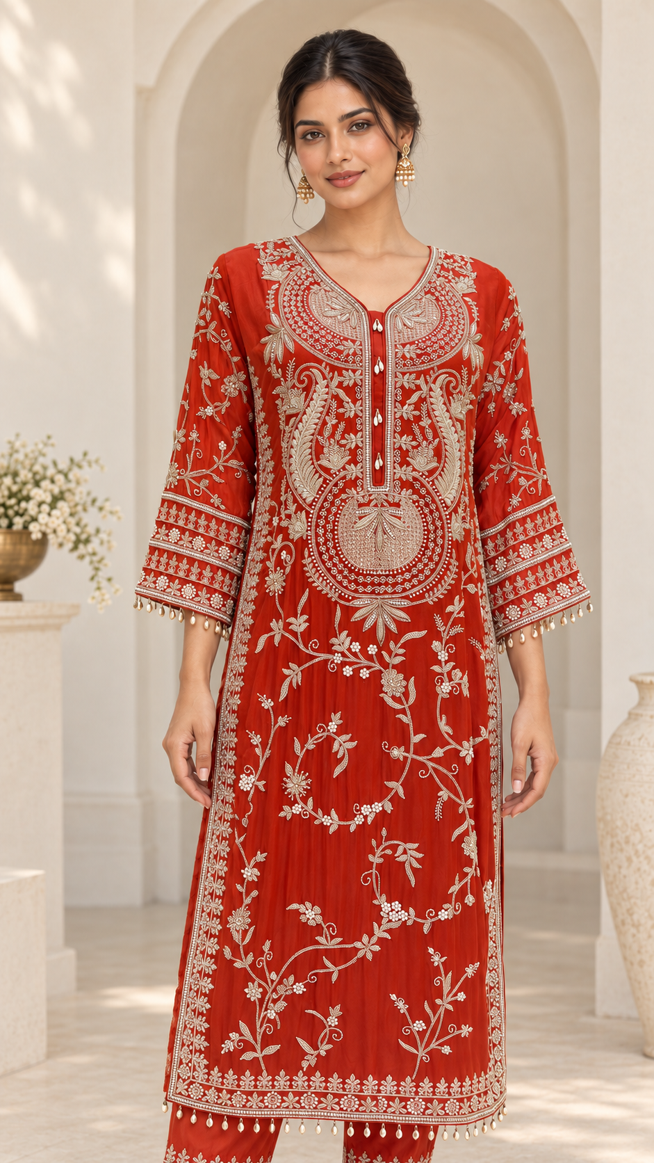 Orange-red Embroidered Suit