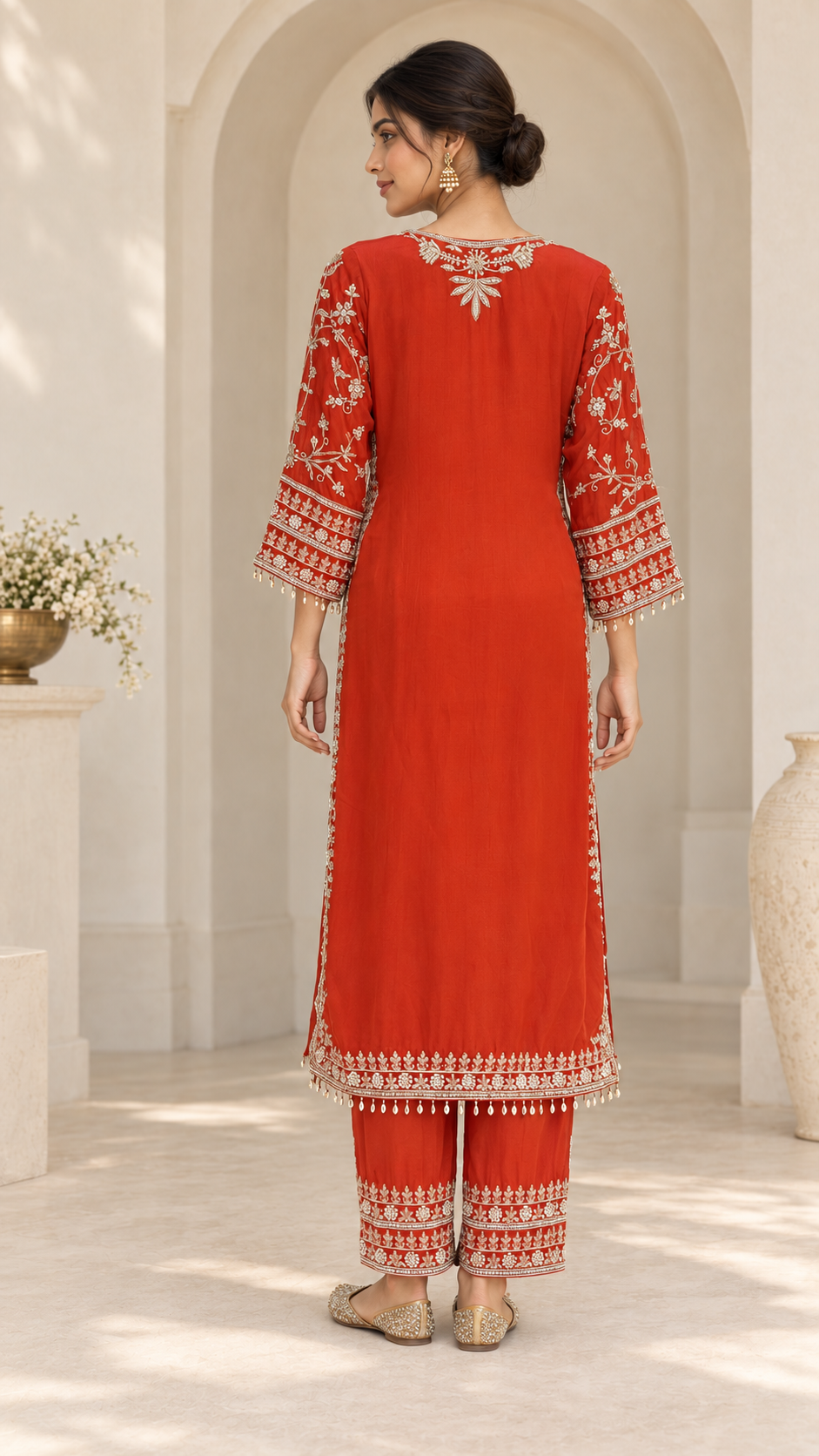 Orange-red Embroidered Suit