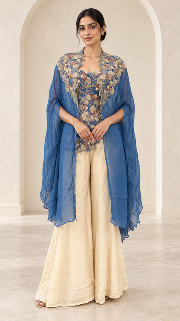 Elegant Dusty Blue Cape Indo western