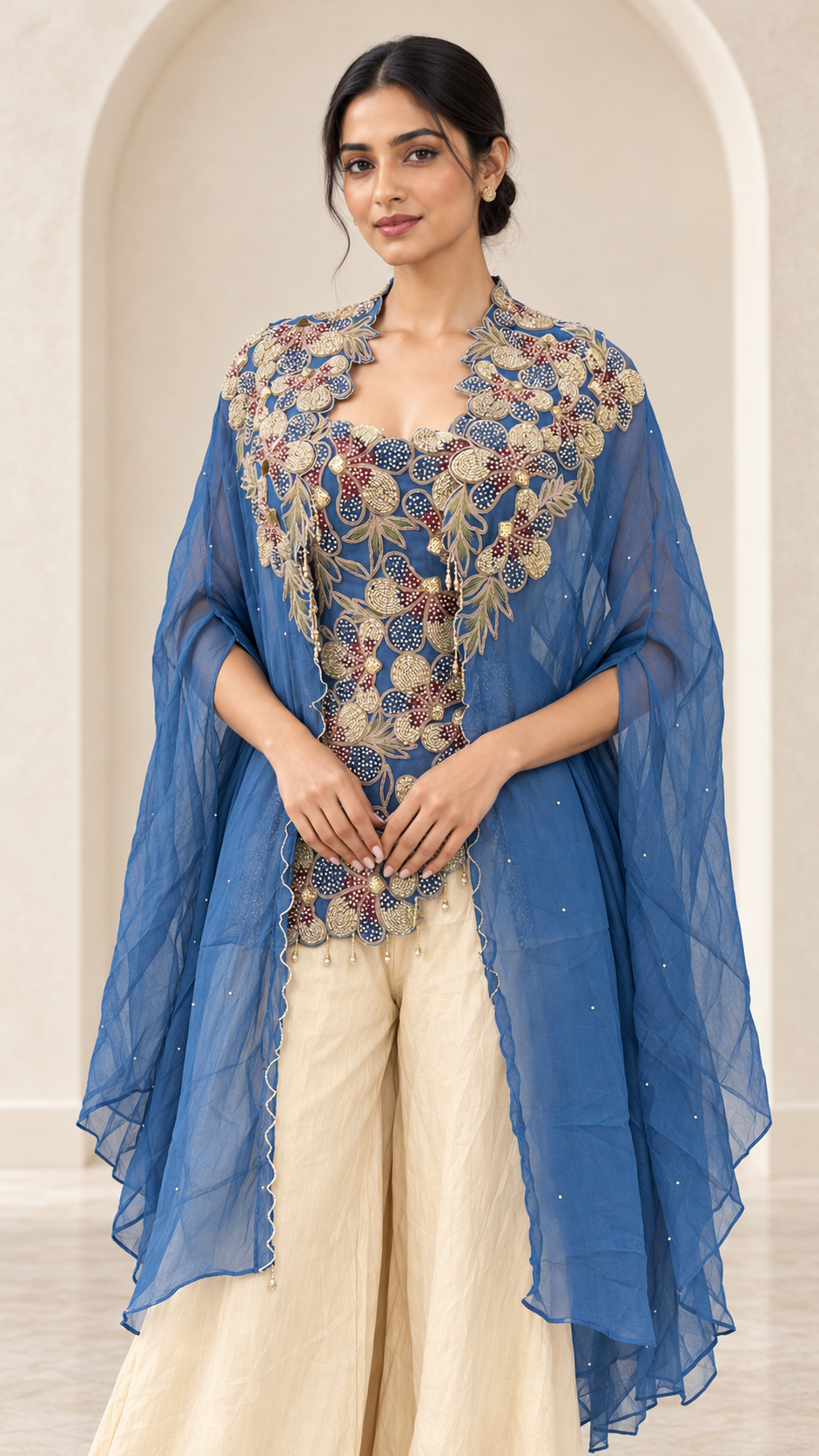 Elegant Dusty Blue Cape Indo western