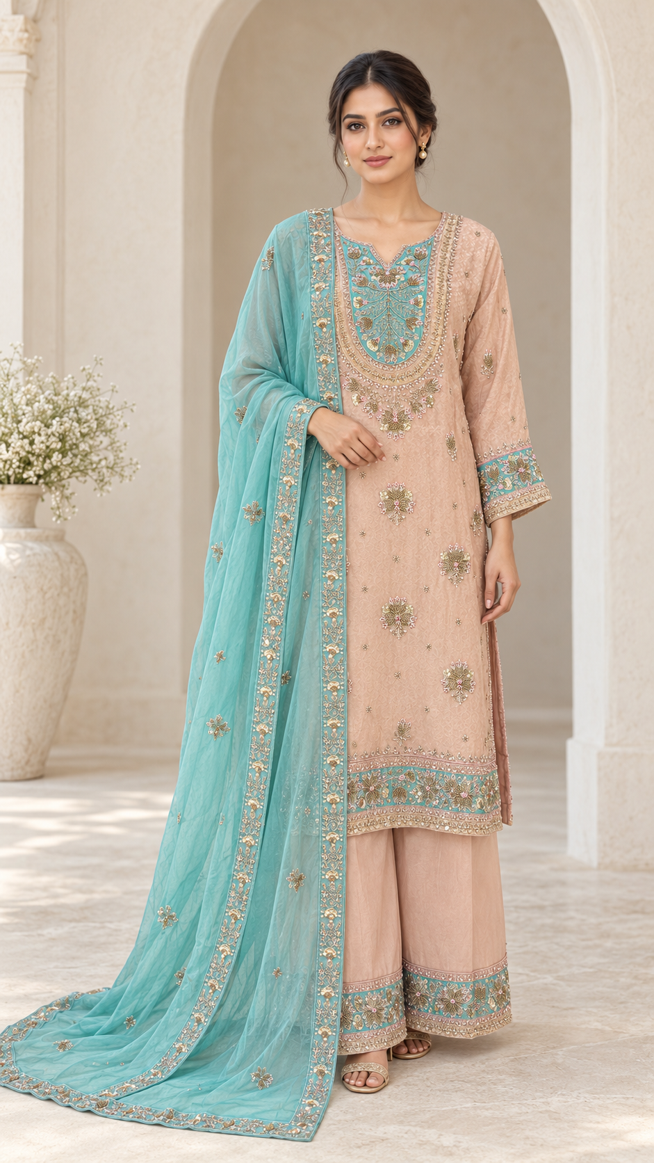 Elegant peach and aqua Plazzo