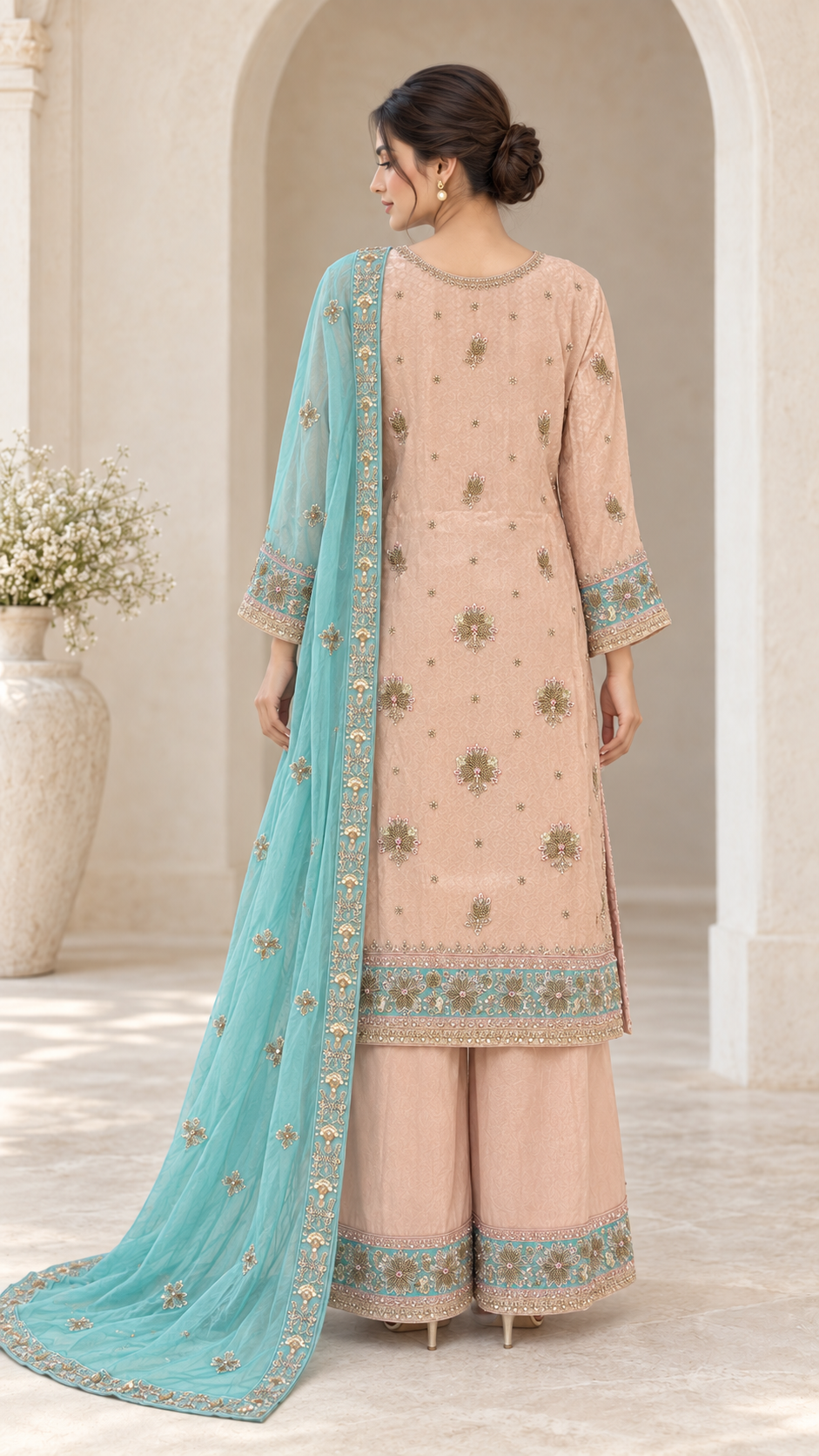 Elegant peach and aqua Plazzo