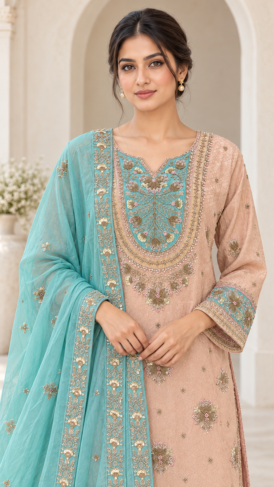 Elegant peach and aqua Plazzo