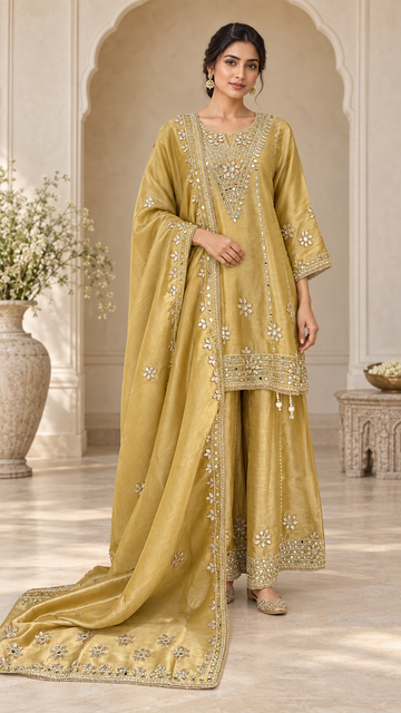 Mustard Silk Mirror work Palazzo