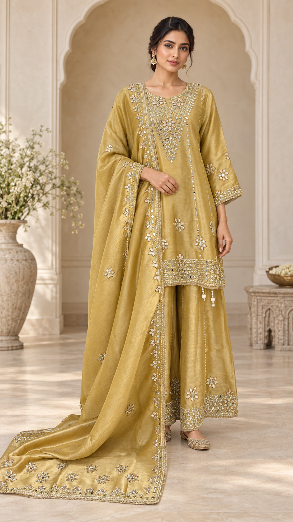 Mustard Silk Mirror work Palazzo
