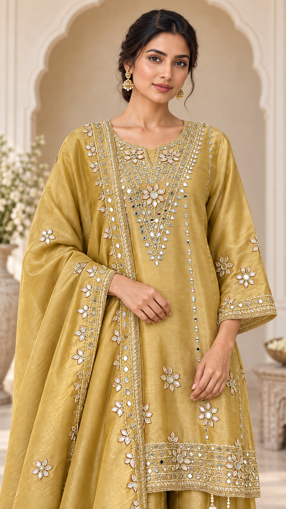 Mustard Silk Mirror work Palazzo