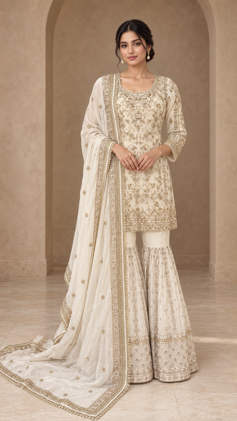 Elegant Ivory Gold Gharara
