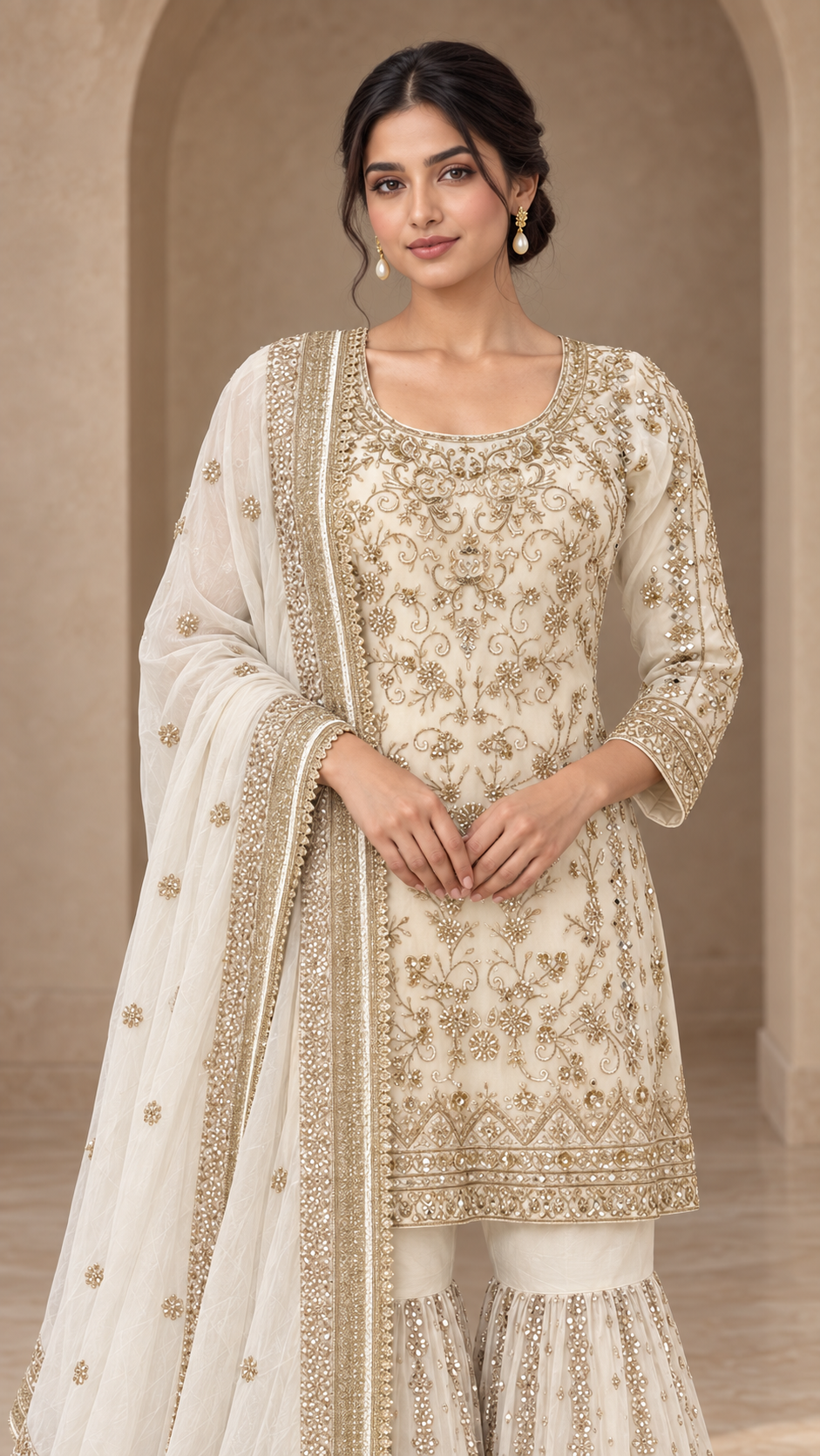 Elegant Ivory Gold Gharara