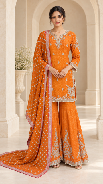 Elegant Orange Jacquard Gharara