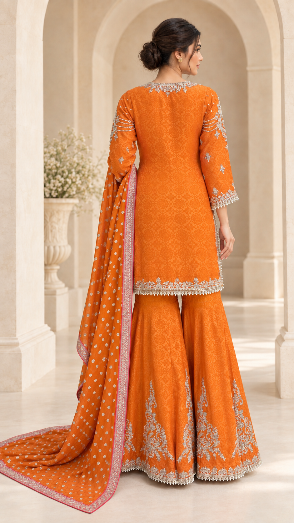 Elegant Orange Jacquard Gharara