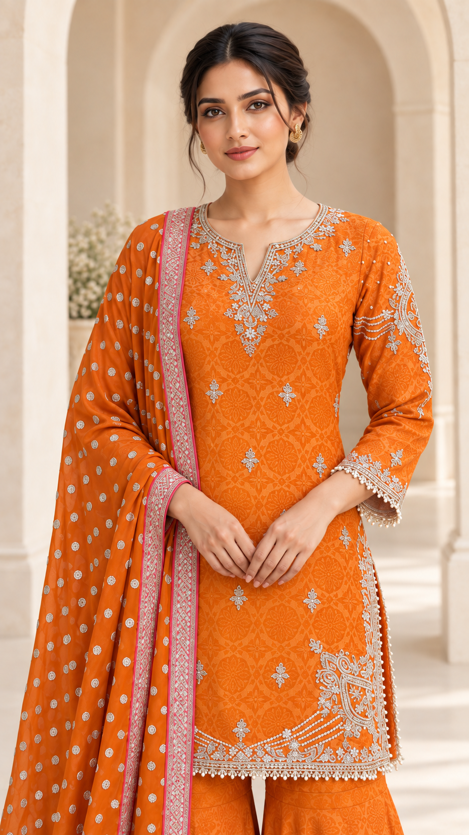 Elegant Orange Jacquard Gharara