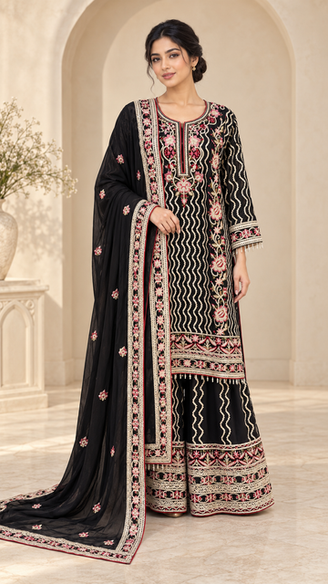 Black Floral Embroidered Palazzo