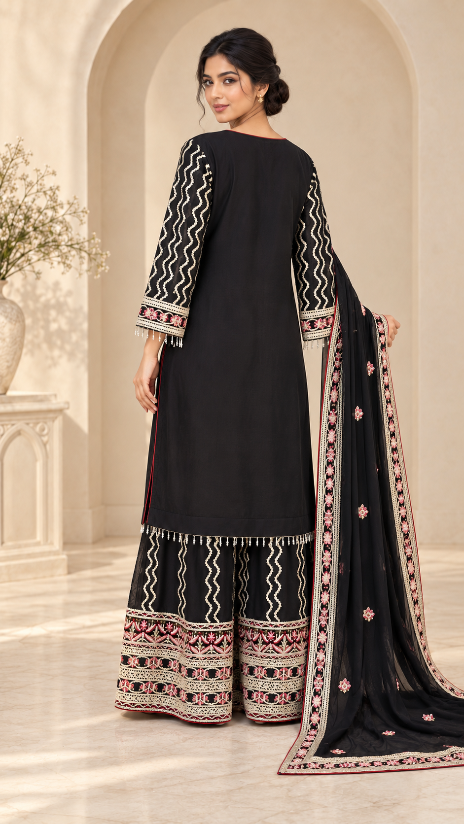 Black Floral Embroidered Palazzo