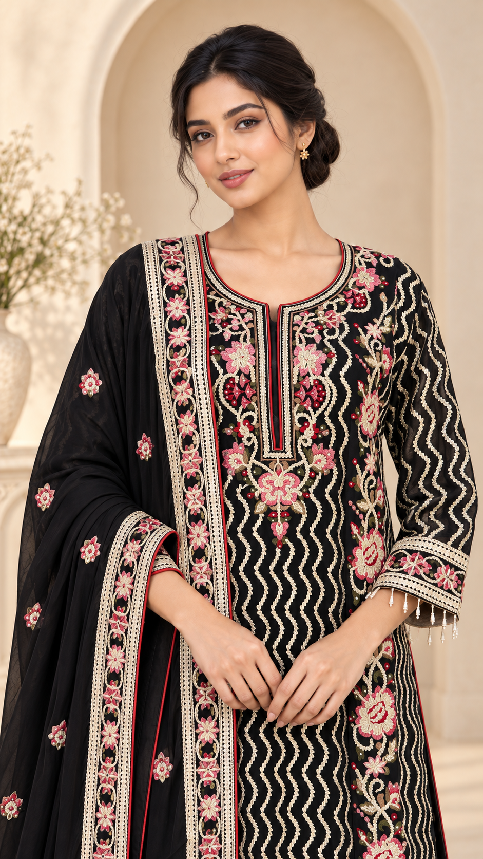 Black Floral Embroidered Palazzo