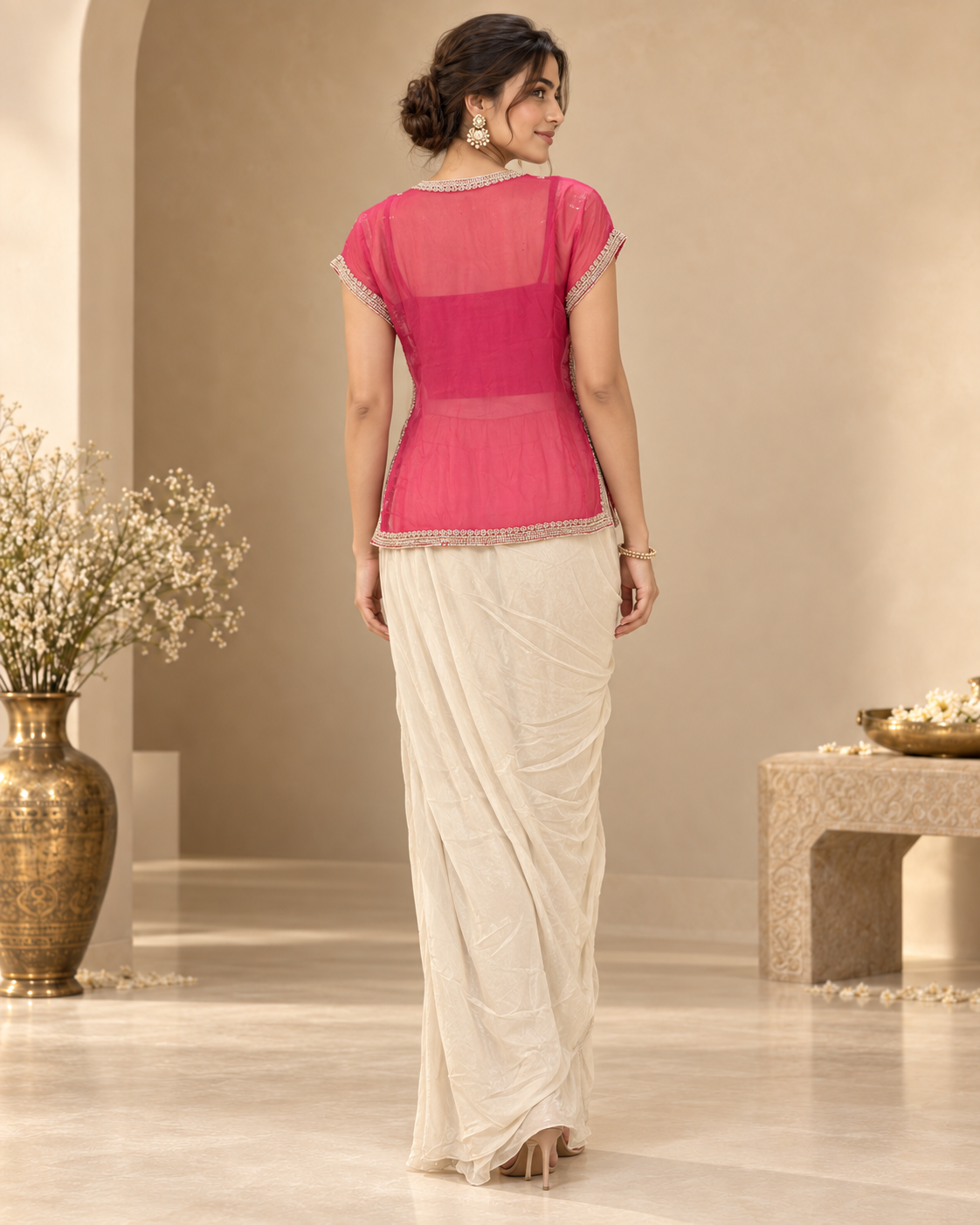 Fuchsia Pink and Cream Indo western
