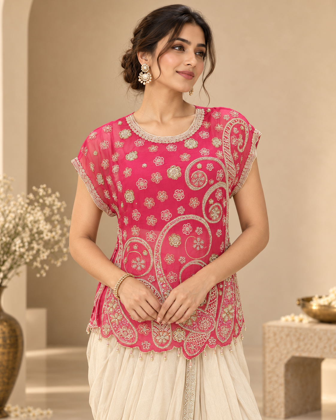 Fuchsia Pink and Cream Indo western