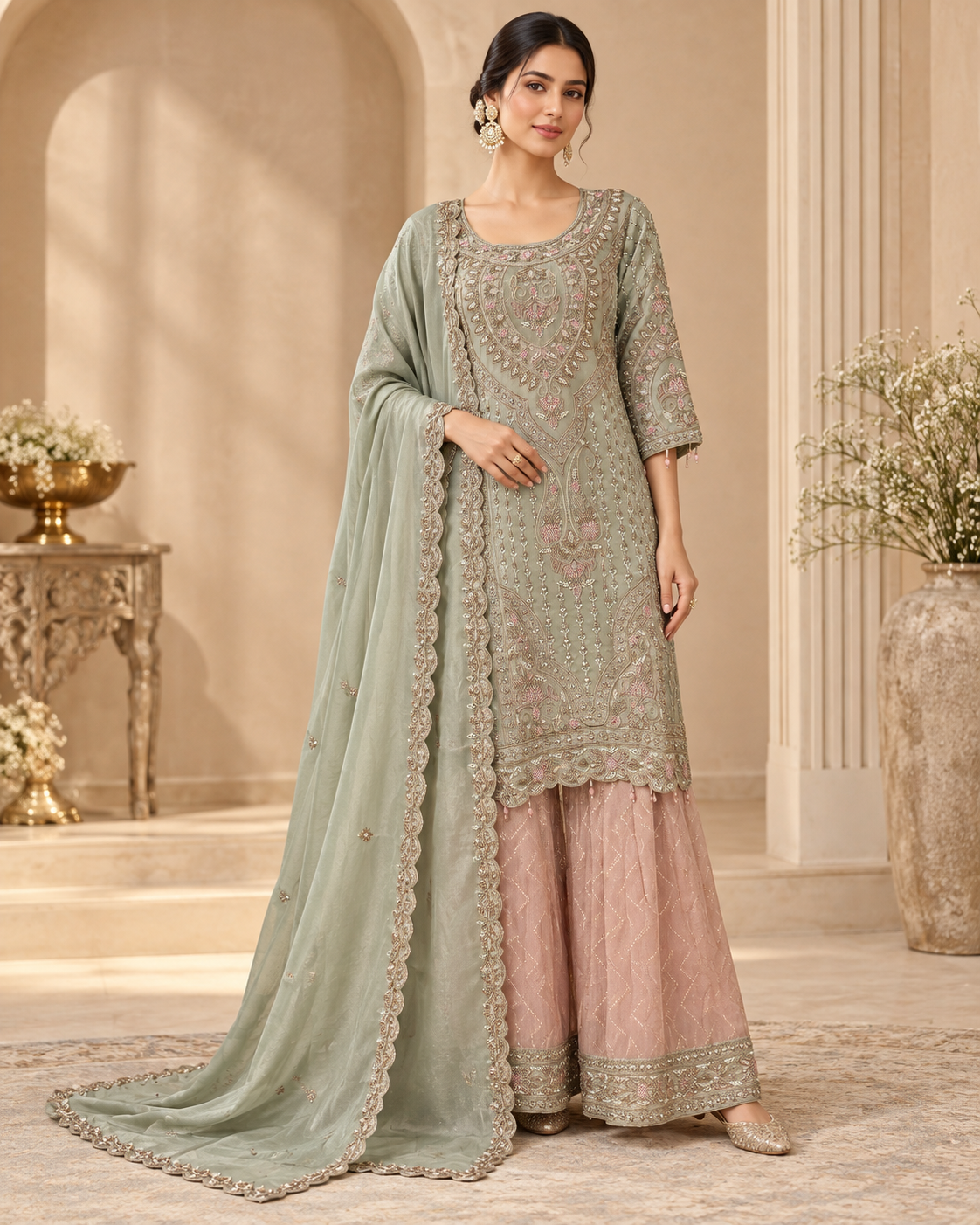 Mint Green with Dusty Pink  Plazzo