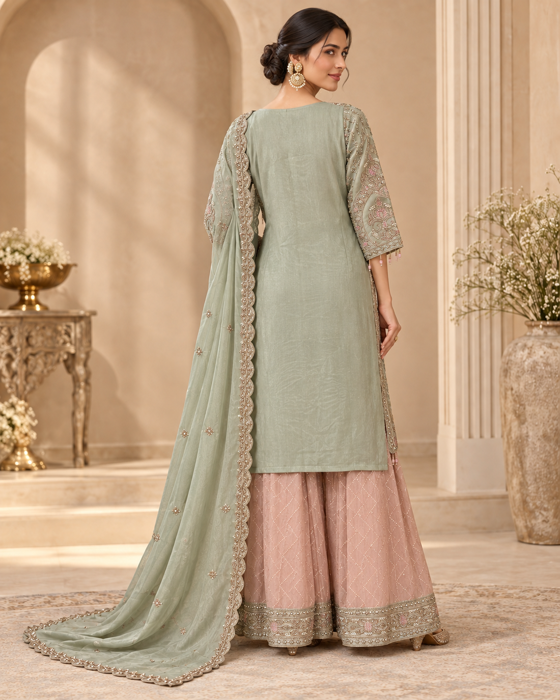 Mint Green with Dusty Pink  Plazzo