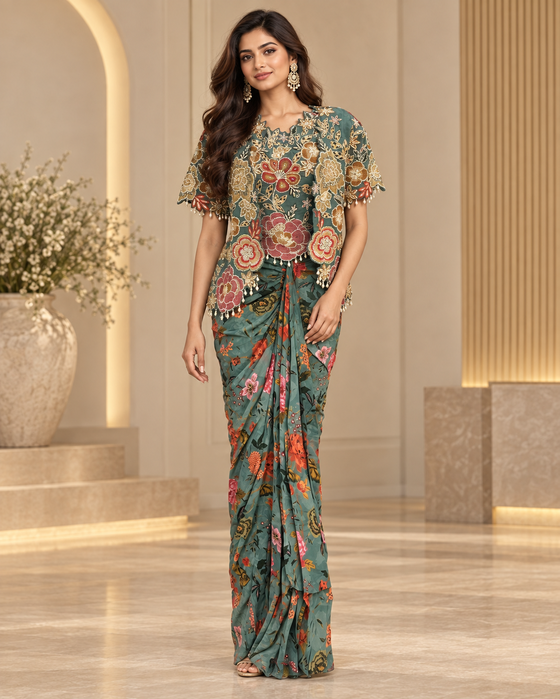 Sage Green with Multicolour Floral Indo western
