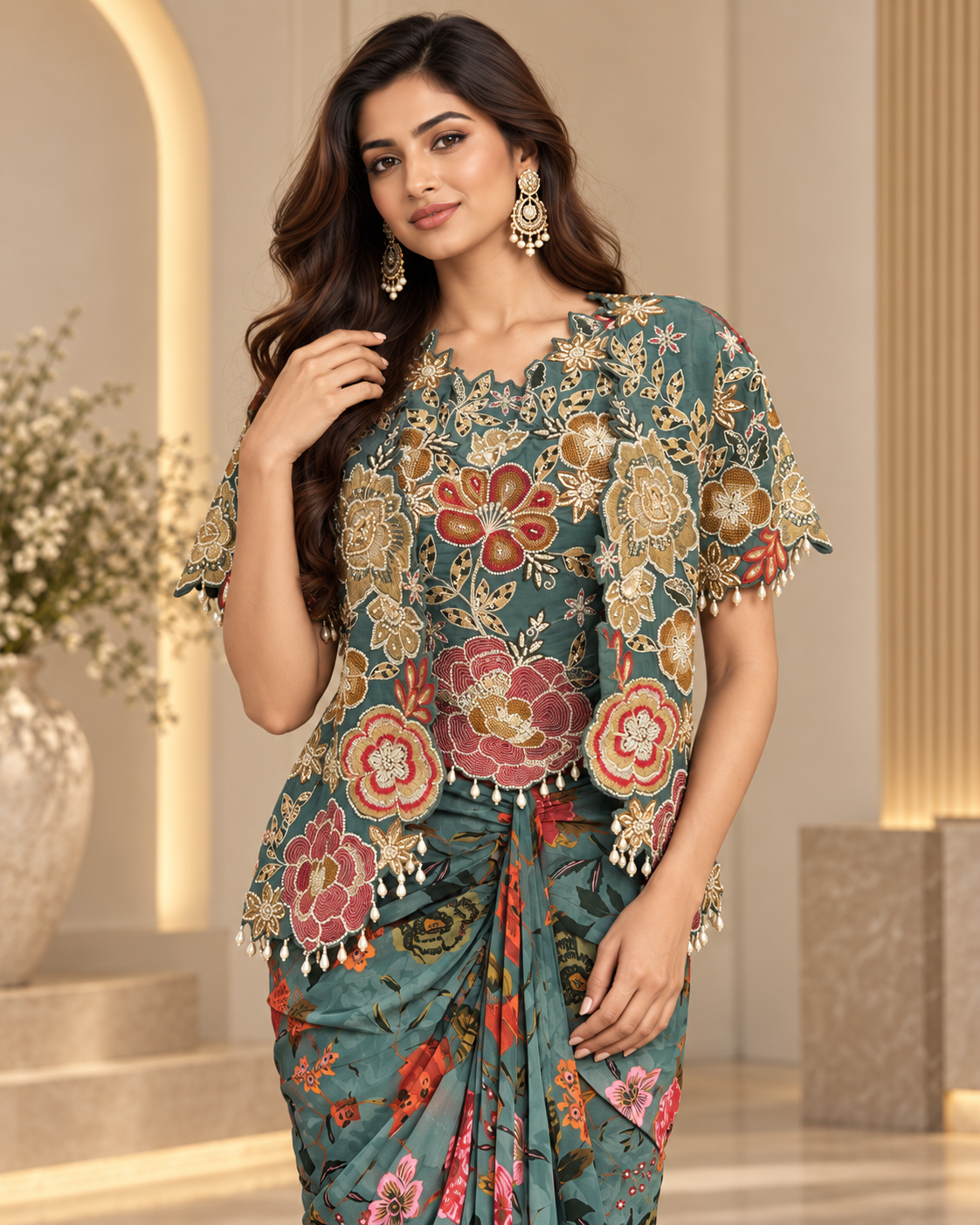 Sage Green with Multicolour Floral Indo western