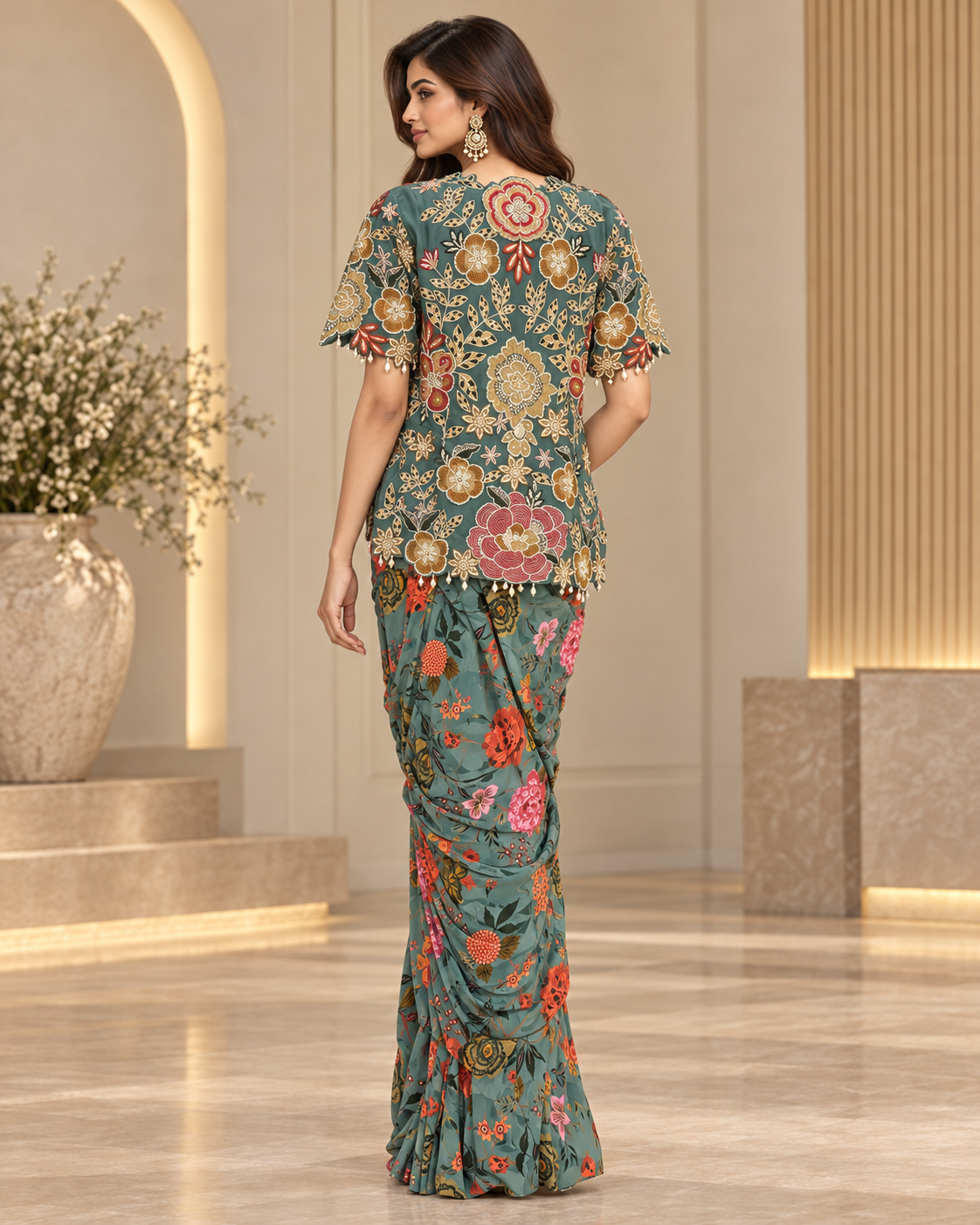 Sage Green with Multicolour Floral Indo western