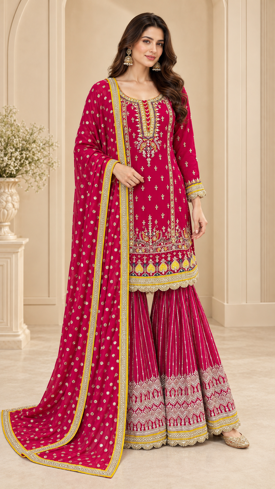 Fuchsia Pink with Gold and Yellow Gharara