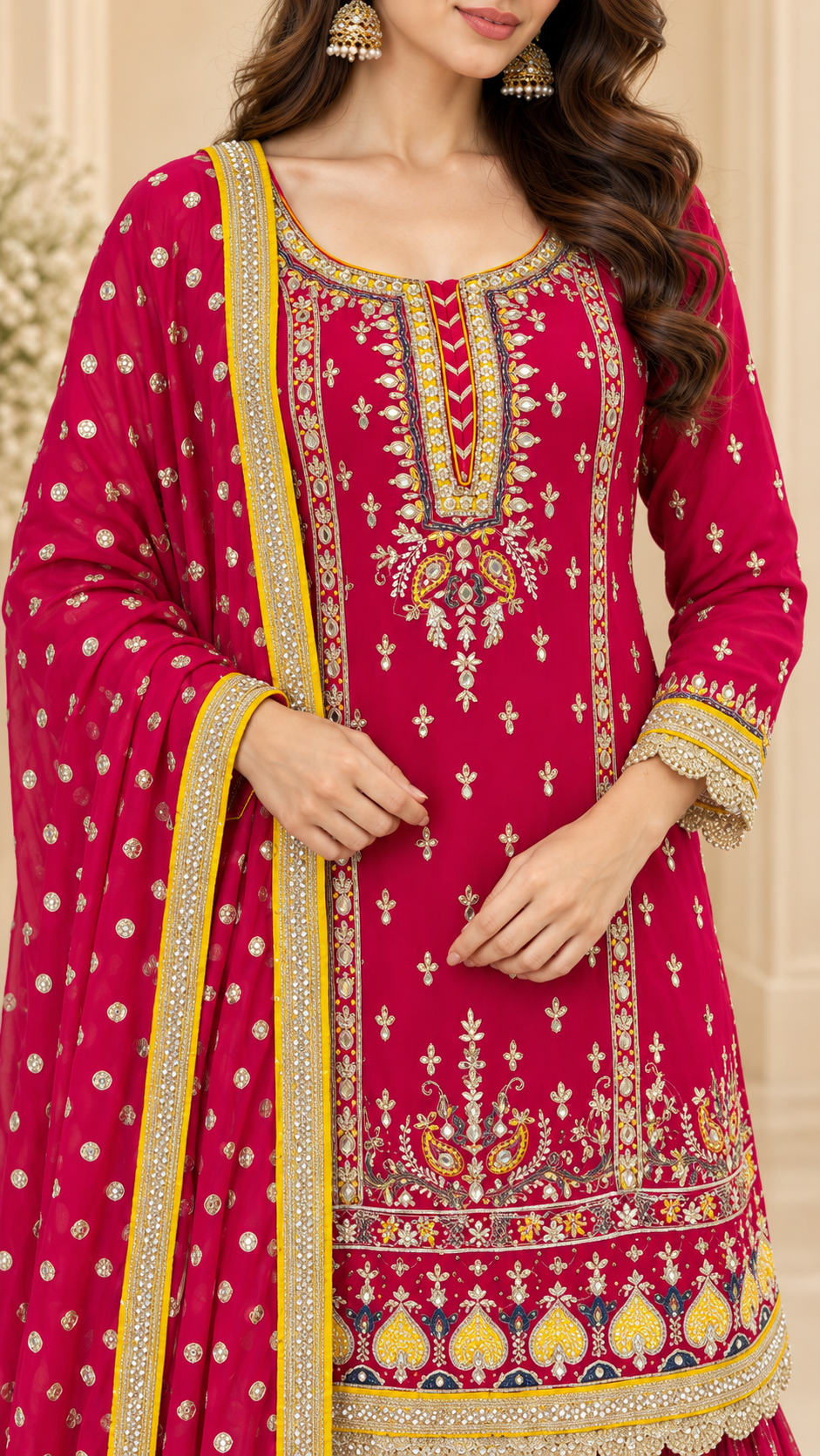 Fuchsia Pink with Gold and Yellow Gharara