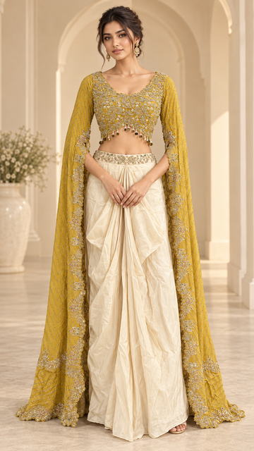 Mustard Gold and Ivory Cream Indo western