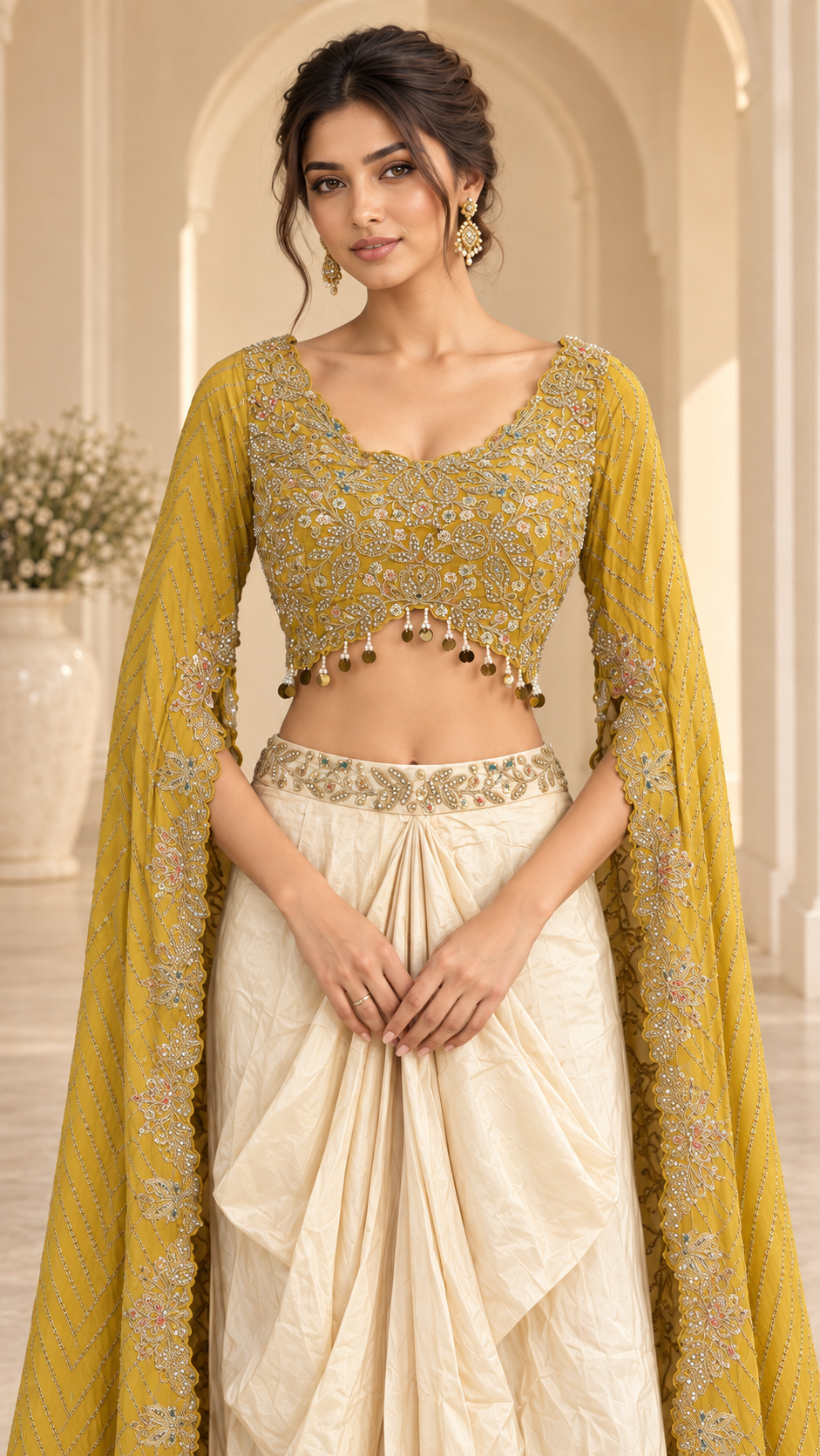Mustard Gold and Ivory Cream Indo western
