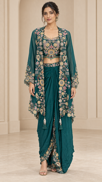 Deep Peacock Teal Green Indo western